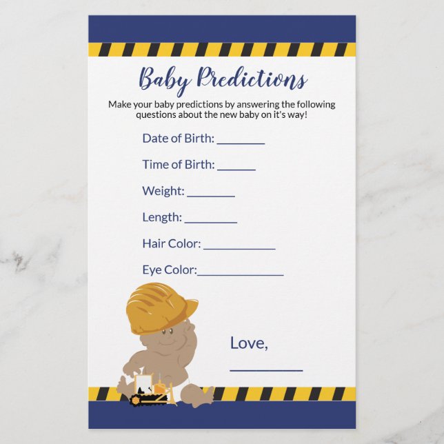 Boy Construction Baby Shower Predictions Game (Front)