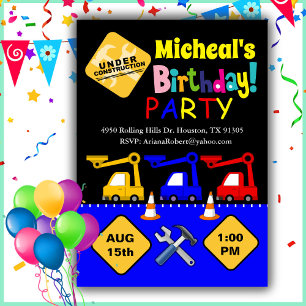 Boy Construction Truck Birthday Invitation