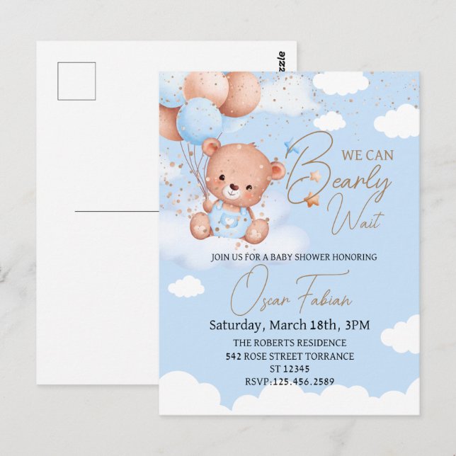 Boy cuddly bear baby shower invitation Postcard (Front/Back)