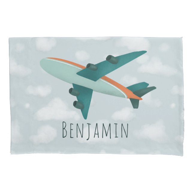 Boy Cute and Modern Blue Airplane Kids Pillowcase (Front)