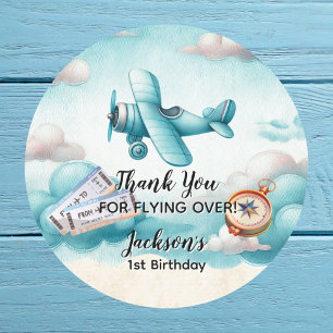 Boy Cute Blue Airplane Travel Kids Birthday Custom Classic Round Sticker
