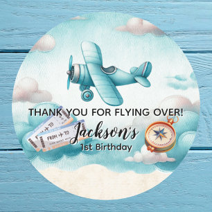 Boy Cute Blue Airplane Travel Kids Birthday Custom Classic Round Sticker