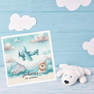 Boy Cute Blue Airplane Travel Kids Birthday Custom Napkin