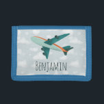 Boy Cute Modern Blue Airplane Kids Travel Trifold Wallet<br><div class="desc">This transport-themed airplane kids wallet design features a modern blue and orange airplane with a background of blue sky and clouds,  and can be personalized with your boy's name. Perfect for an aircraft and travel-loving child! Check out our store for other cute aeroplane designs.</div>