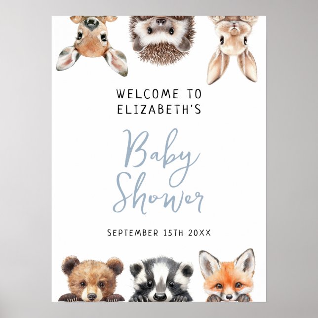 Boy Cute Woodland Animals Baby Shower Welcome Sign (Front)