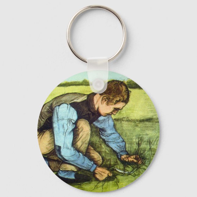 Boy Cutting Grass with Sickle by Vincent van Gogh Keychain (Front)