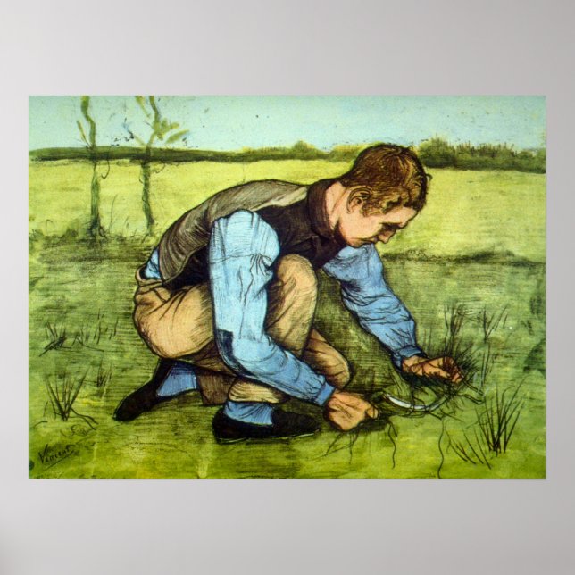 Boy Cutting Grass with Sickle by Vincent van Gogh Poster (Front)