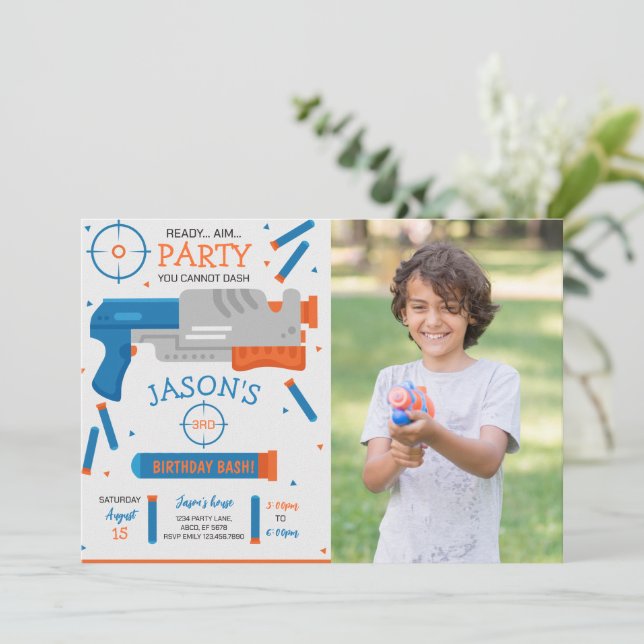 Boy Dart Gun War Birthday Party Photo Invitation (Standing Front)