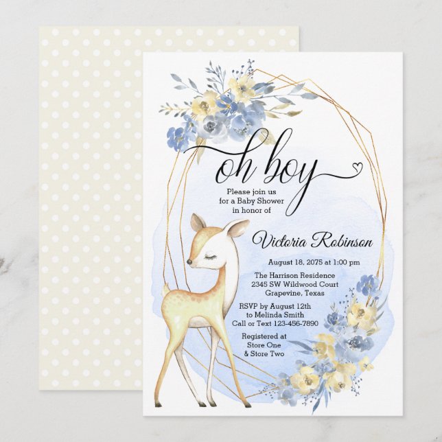 Boy Deer Oh Boy Baby Blue Beige Baby Shower Invitation (Front/Back)