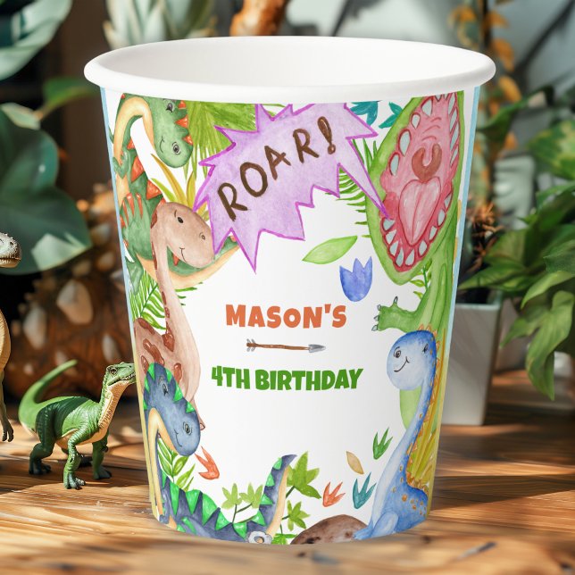 Boy Dinosaur 4th Birthday Party  Paper Cups (Creator Uploaded)