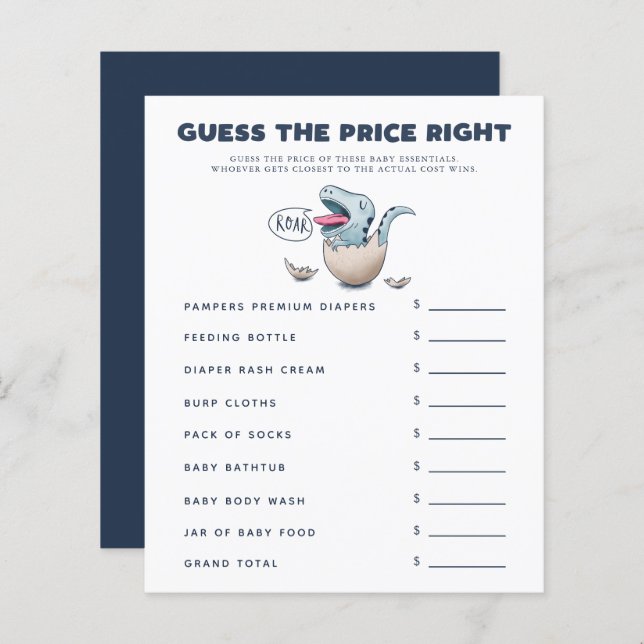 Boy Dinosaur Baby Shower Guess the Price Right (Front/Back)