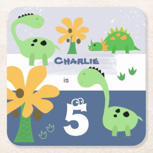 Boy Dinosaur Jurassic Birthday Party Square Paper Coaster