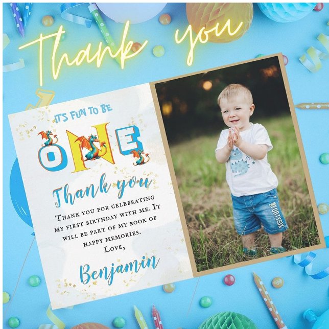 Boy Dinosaur Personalized Photo First Birthday  Thank You Card (Creator Uploaded)