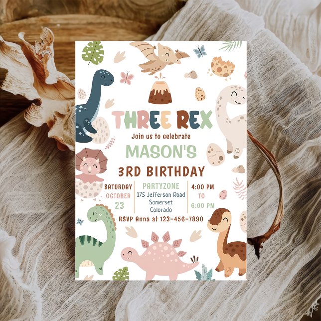 Boy Dinosaur Three Rex 3rd Birthday Invitation (Creator Uploaded)