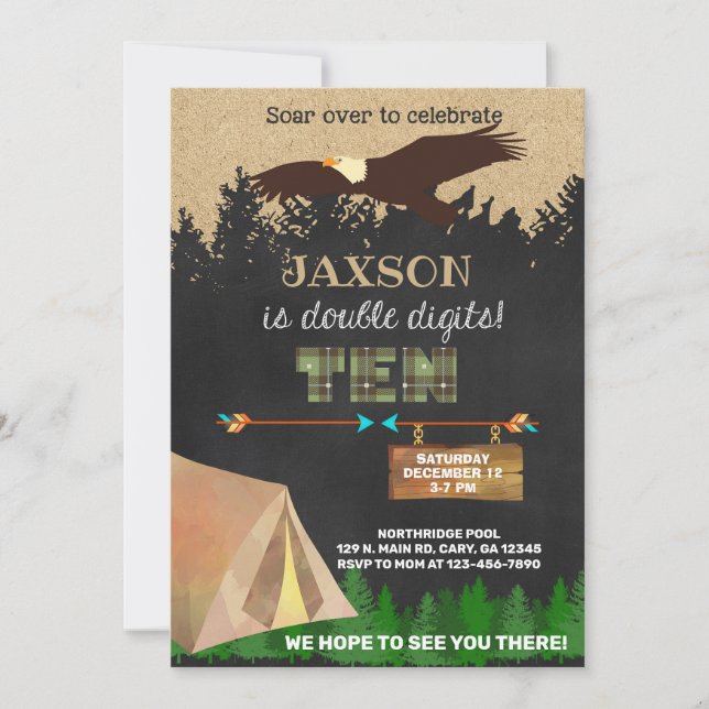 Boy double digits 10th bday camping eagle invite. invitation (Front)