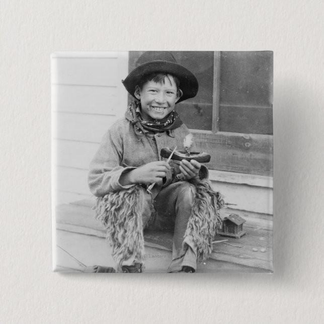 Boy Dressed as Cowboy with Toys 2 Inch Square Button (Front)