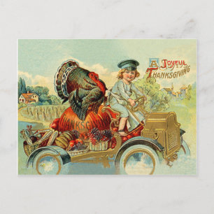 Boy drive a turkey on  a classic car, thanksgiving postcard