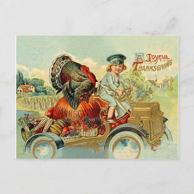 Boy drive a turkey on  a classic car, thanksgiving postcard (Front)