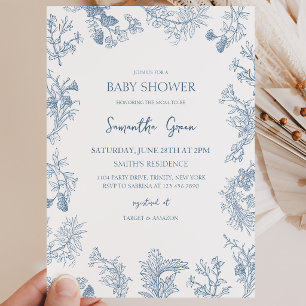 Boy Dusty Blue Chinoiserie Baby Shower Invitation