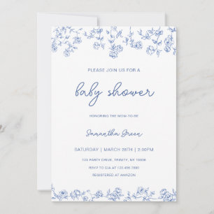 Boy Dusty Blue Floral Chinoiserie Baby Shower Invitation
