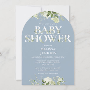 Boy Dusty Blue Greenery Foliage Letter Baby Shower Invitation