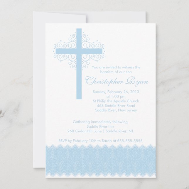 Boy Elegant Lace  Baptism | Christening Cross Invitation (Front)
