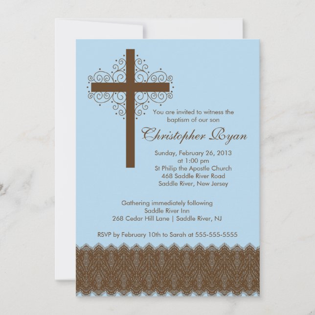 Boy Elegant Lace  Baptism | Christening Cross Invitation (Front)