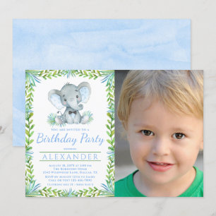Boy Elephant Any Number Photo Birthday Party Invitation