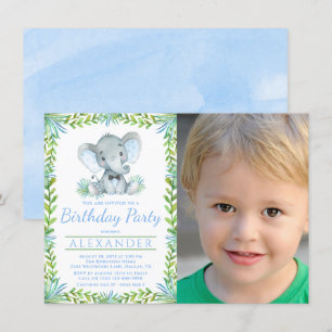 Boy Elephant Any Number Photo Birthday Party Invitation