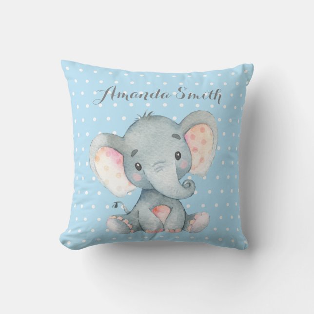 Boy Elephant Baby Blue and Grey Throw Pillow (Front)