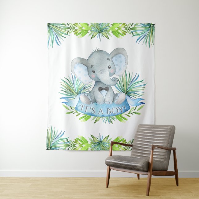 Boy Elephant Baby Shower Backdrop Tapestry (In Situ)