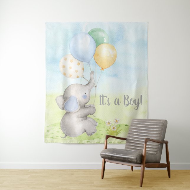 Boy Elephant Baby Shower Backdrop Tapestry (In Situ)