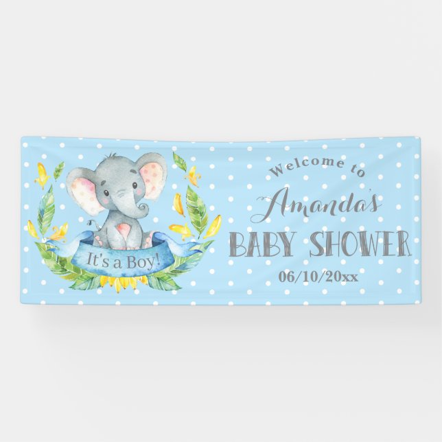 Boy Elephant Baby shower Bleu et gris bannière (Horizontal)