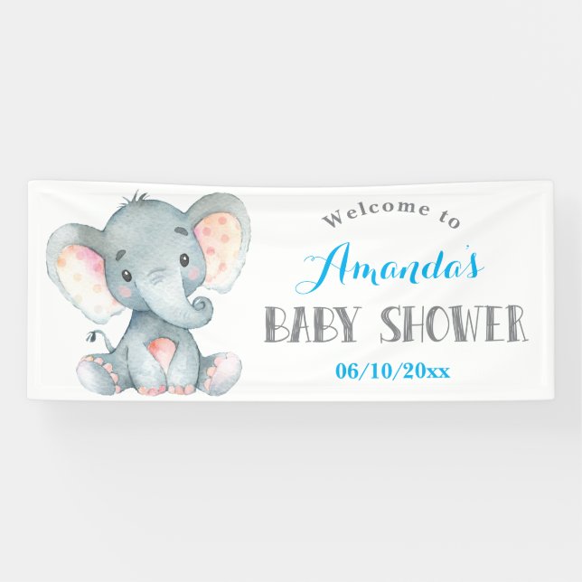 Boy Elephant Baby Shower Blue and Grey Banner (Horizontal)