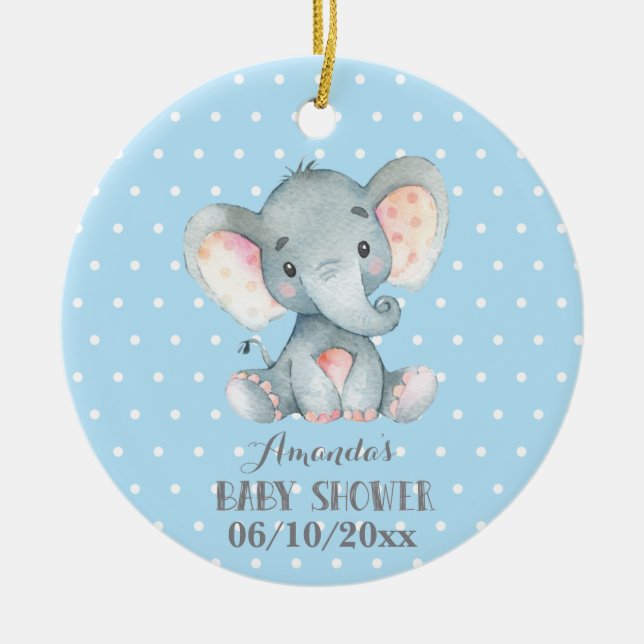 Boy Elephant Baby Shower Blue and Grey Ceramic Ornament (Front)