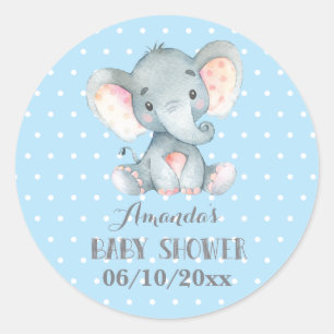 Boy Elephant Baby Shower Blue and Grey Classic Round Sticker