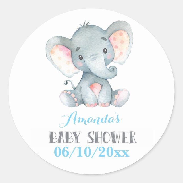 Boy Elephant Baby Shower Blue and Grey Classic Round Sticker (Front)