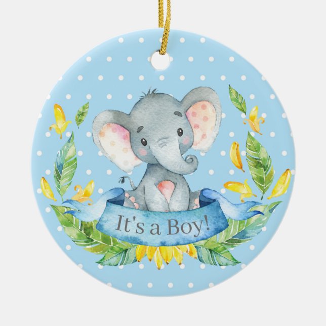 Boy Elephant Baby Shower Blue Ceramic Ornament (Front)