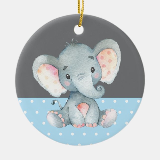Boy Elephant Baby Shower Blue Ceramic Ornament (Front)