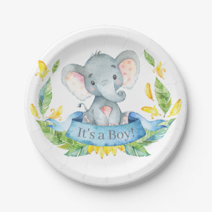 Boy Elephant Baby Shower Blue Paper Plate