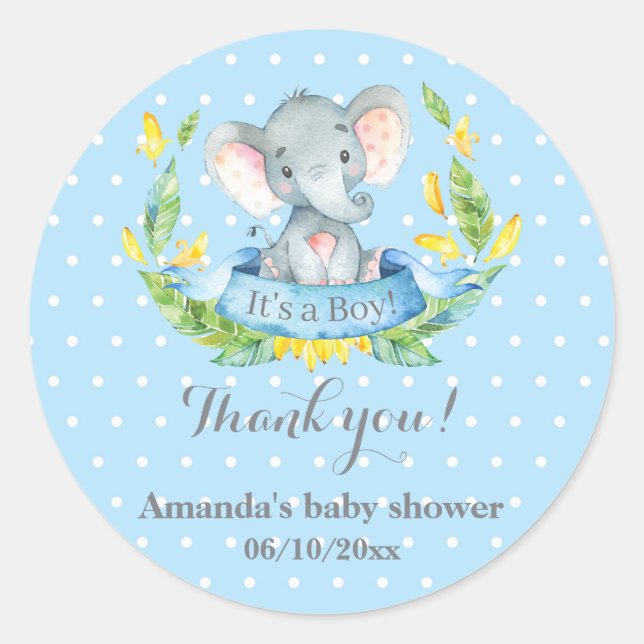 Boy Elephant Baby Shower Blue Thank You Favour Classic Round Sticker (Front)
