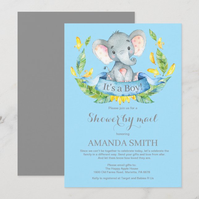 Boy Elephant Baby Shower by Mail Invitation (Front/Back)