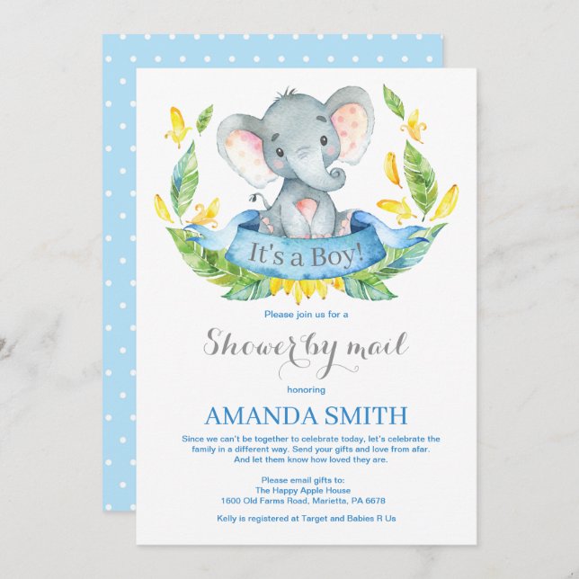 Boy Elephant Baby Shower by Mail Invitation (Front/Back)