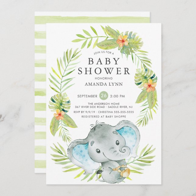 Boy Elephant Baby Shower Invitation (Front/Back)