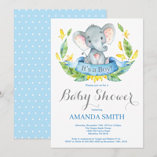 Boy Elephant Baby Shower Invitation Blue and Grey (Front/Back)