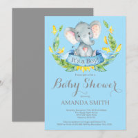 Boy Elephant Baby Shower Invitation Blue and Grey