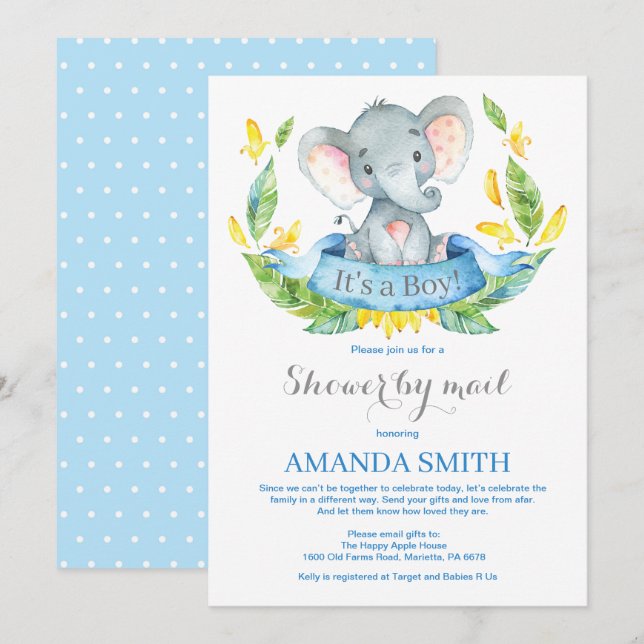 Boy Elephant Baby shower par Mail Invitation (Devant / Derrière)