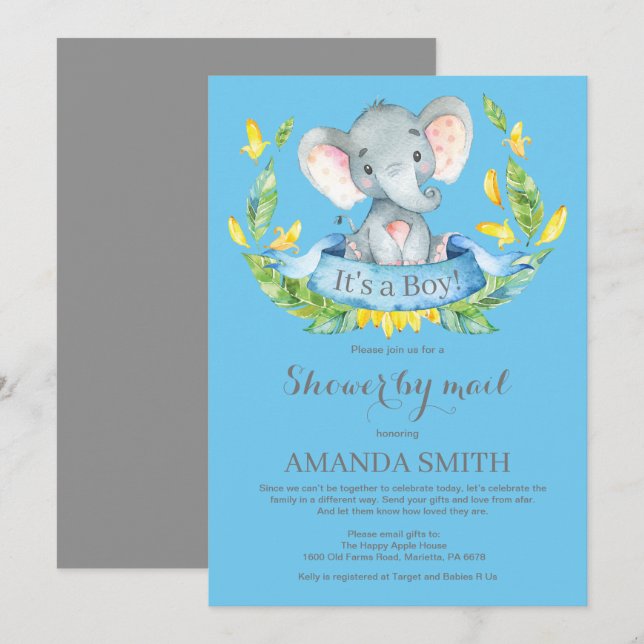 Boy Elephant Baby shower par Mail Invitation (Devant / Derrière)