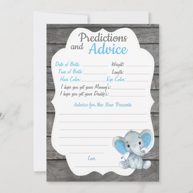 Boy Elephant Baby Shower Prediction Advice card (Front)
