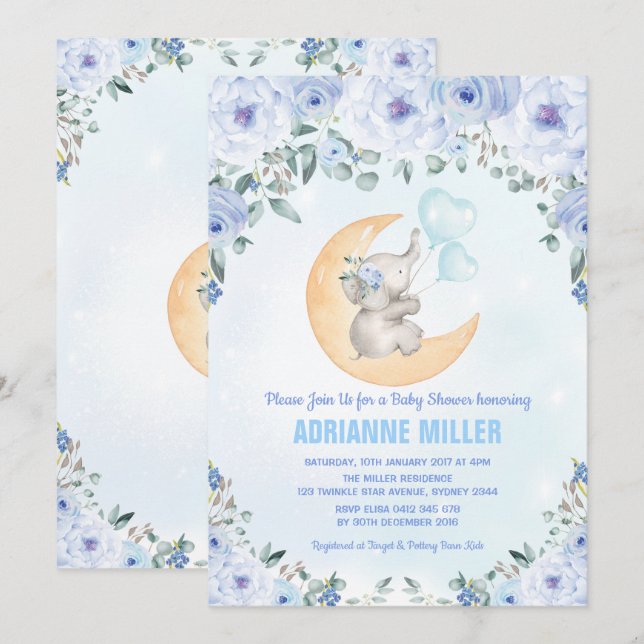 Boy Elephant Baby Shower / Watercolor Blue Floral Invitation (Front/Back)